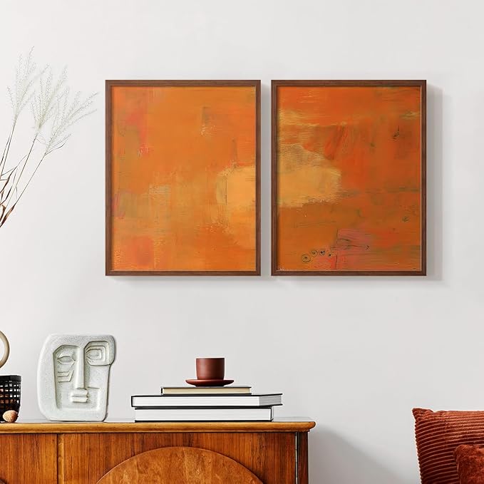 Renditions Gallery Set of 2 Peel & Stick Framed Prints, Abstract Wall Art, Rustic Fain Marking with Brush Strokes Wall Decor, Re-Stickable - Ready to Hang - 11"x14" - Walnut Frame LT588