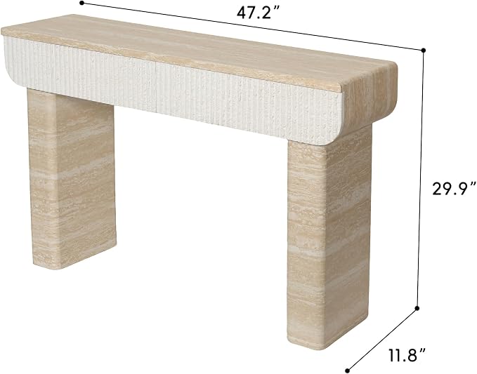 Faux Mars Marble Pattern Console Table with 2 Drawers, 47.2" Skinny Long Sofa Table Behind Couch with Rounded Edges, Wooden Narrow Sofa Table Hall Table for Living Room Foyer Entrance, Marble