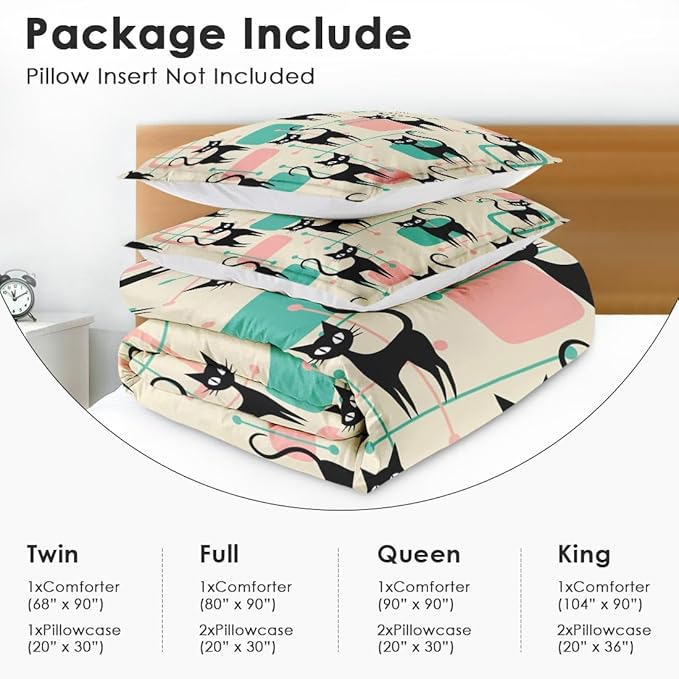 Mid Century Colorful Cat Full Comforter Set, Atomic 50S Retro Bedding Set 3 Piece, All Season Soft Toddlers Children Adults Bedroom Bed Decoration Comforter and 2 Pillow Shams
