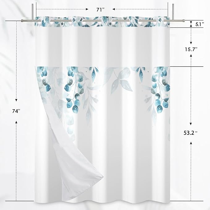No Hook Shower Curtain with Snap in Fabric Liner Set Hotel Style Blue Eucalyptus Leaves Shower Curtain with Liner for Bathroom Washable 71x74 Inch