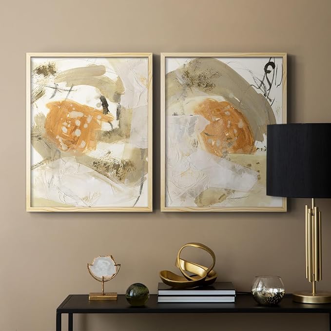 Renditions Gallery Set of 2 Peel & Stick Framed Prints, Neutral Abstract Wall Art, Earthy Tones Blended Brushstrokes Wall Decor, Re-Stickable - Ready to Hang - 8"x10" - NATURAL WOOD Frame LT588