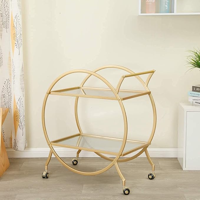 MAIKAILUN Bar Cart with 2 Mirrored Shelves, Modern Metal Bar Serving Cart with Locking Caster Wheels and Handle, Gold Round Bar Carts for The Home,Kitchen,Club,Living Room(28.34''W14.96''D31''H)