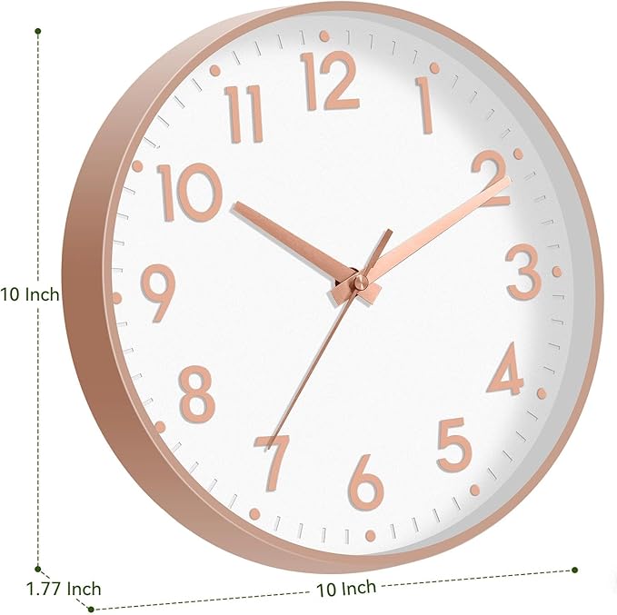 Mosewa Wall Clock 10 Inch, Battery Operated Silent Non-Ticking Modern Analog Clock Decorative for Kitchen, Bedroom, Office(Rose Gold)