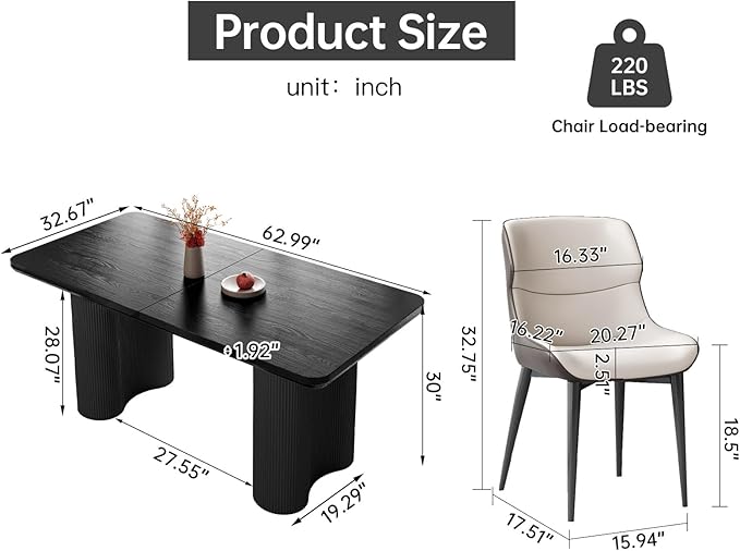 5-Piece Modern Dining Set, 62.99" Dining Table Set for 4, Rectangular Kitchen Table with 4 Chairs for Living Room, Kitchen & Dining Room Sets for Home, Apartment, Black