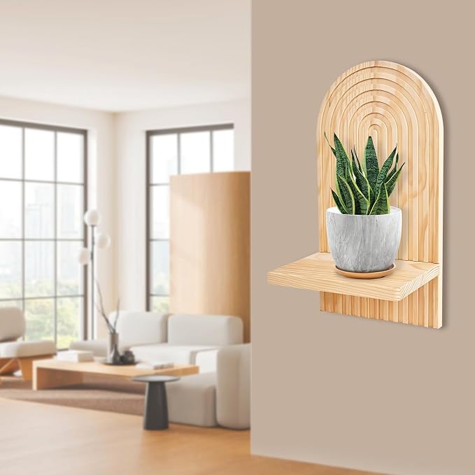 2 Pieces Boho Wall Shelf, Mid Century Shelves, Decorative Storage Unit, Decorative Bohemian Rainbow Hanging Shelves for Bathroom, Bedroom, Kitchen, Living Room, Laundry Room (Natural)