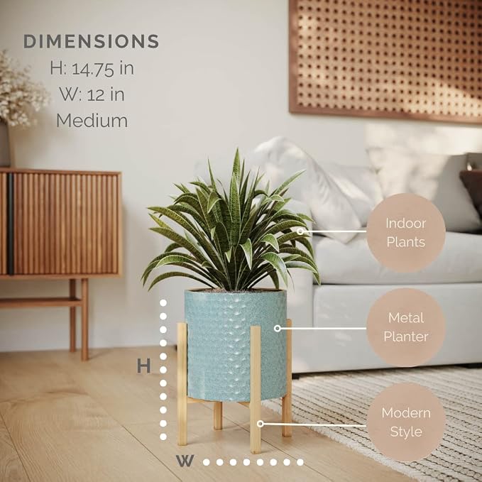 EverNest Mid-Century Modern Rhys Honeycomb Embossed Planter Pot with Kinsley Wood Stand, Metal Indoor Plant Pots, Blue Green Bohemian Style (Medium 2 Gallon)
