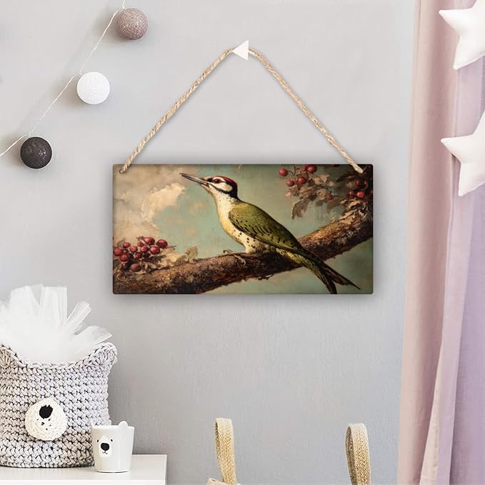 Retro Woodpecker on Berry branches Wooden Sign 12x6 Inch, Nature Art for Country-Inspired Homes, Living Room Highlight, Great Gift for Bird Collector Fans & Nature Enthusiasts
