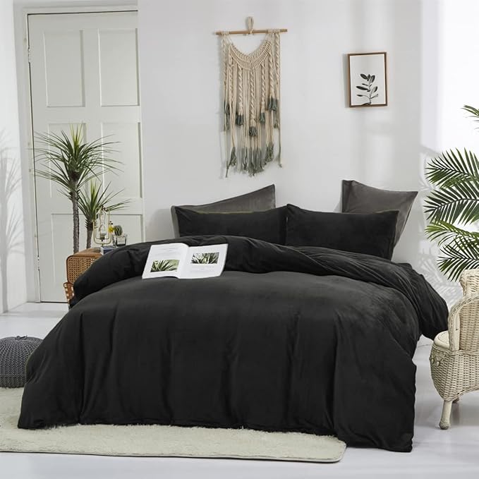Pureant Black Velvet Comforter Sets King Solid Black Fluffy Bedding Comforters Women Men Plain Dark Color Flannel Quilt Modern Minimalist Blanket Micromink Sherpa Plush Bed