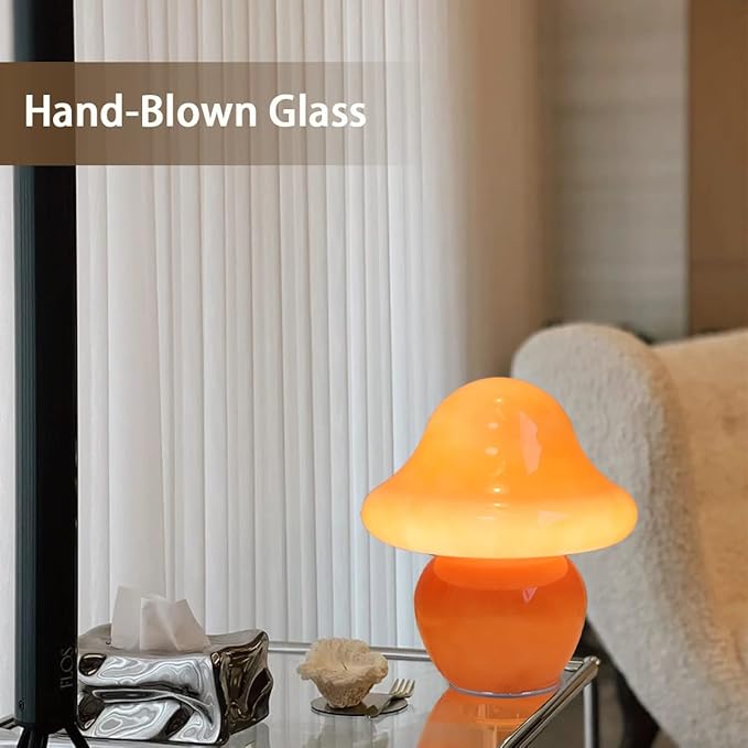 HEQET Mushroom Lamp Orange Glass Mushroom Table Lamp for Bedrooms, Living Room, Aesthetic Lamps for Bedroom, Cute Bedside Lamp