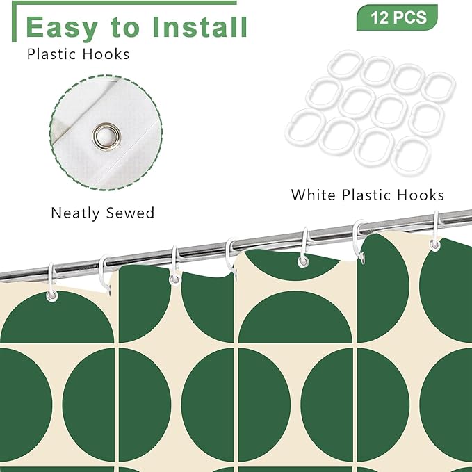 Green Mid Century Modern Shower Curtain, Boho Abstract Geometric Retro Art Bath Curtains for Bathroom, Colorful Unique Pattern Waterproof Polyester Fabric Bathroom Set 12 Hooks 60X72IN