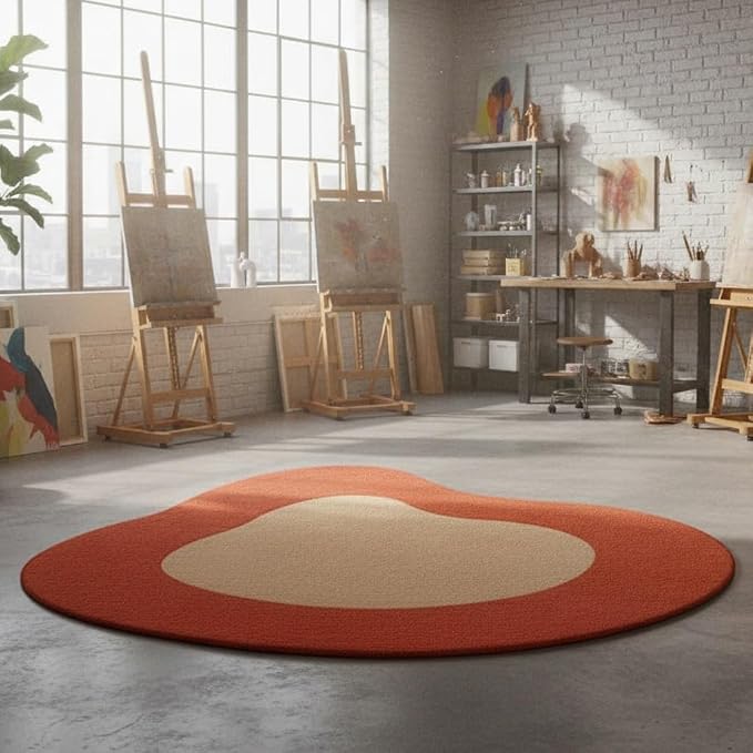 Red Beige Brown Irregular Rug Minimalist Modern Abstract Area Rug for Living Room Bedroom Playroom Unique Designer Machine Washable Comfort Carpet Boho Home Office Nursery Non Shedding Floor Mat 2ft