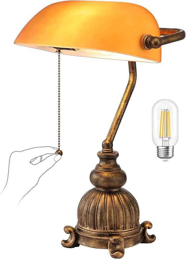 Retro Amber Glass Bankers Desk Lamp with Pull Chain Switch for Home Office, Library, Plug in Fixture, LED Bulb Included