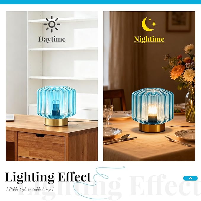 Mid Century Modern Table lamp Small Table Lamps with Touch Metal Base and Blue Glass Shade Vintage Gold Desk lamp nightstand lamp Bedside Table lamp for Bedroom Living Room Office