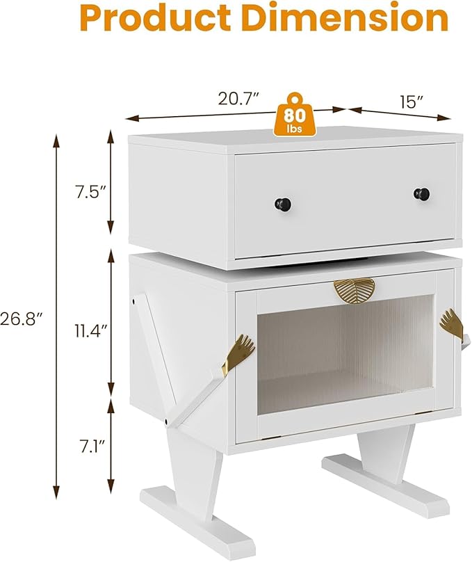 RoyalCraft Large Nightstand Set of 2 with LED Lights, White End Table with 360°Rotating Drawer, Modern Bedside Table with Storage, Wood Night Stand for Bedroom, Home Office, White