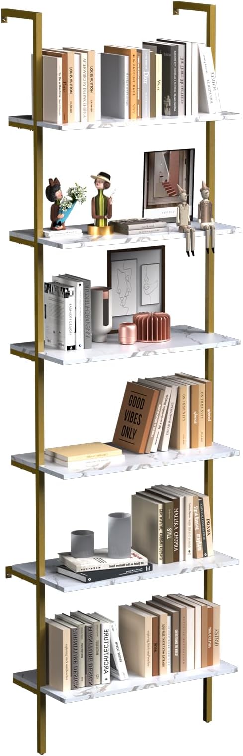 aboxoo Ladder Shelf 6-Tier Bookshelf,White Faux Marble Shelves Wall Mounted Bookshelf Open Storage Rack Display Shelf Plant Stand for Living Room Kitchen Home Office Bedroom