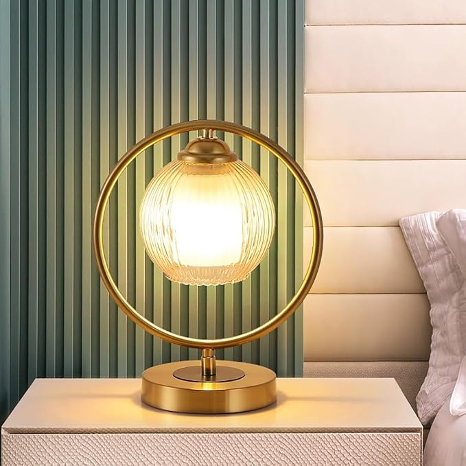 Glass Table Lamp Gold Mid Century Modern Desk Lamp Nightstand Light Round Ribbed Glass Shade Globe Reading Lamp for Bedroom Study Room Office