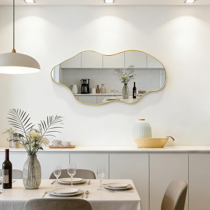 Irregular Frameless Wall Mirror, 47.2"x21.6" Gold Asymmetrical Mirror, Modern Organic Aesthetic Mirror for Living Room Bathroom Bedroom Hallway Entryway, Hangs Vertically or Horizontally