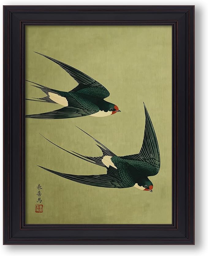 Vintage Framed Japanese Flying Swallow Wall Art Asian Japandi Bird Animal Poster Nature Vintage Green Canvas Prints for Living Room Bedroom Home Decor 12x16 inch