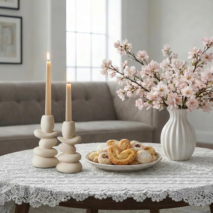 Faux Pebble Candlestick Holders,Set of 2 Natural Style Taper Candle Holders Candle Sticks Holder Decor for Dining Home Decor Table Centerpieces,Fits 0.87'' Thick Candles (Cream White)
