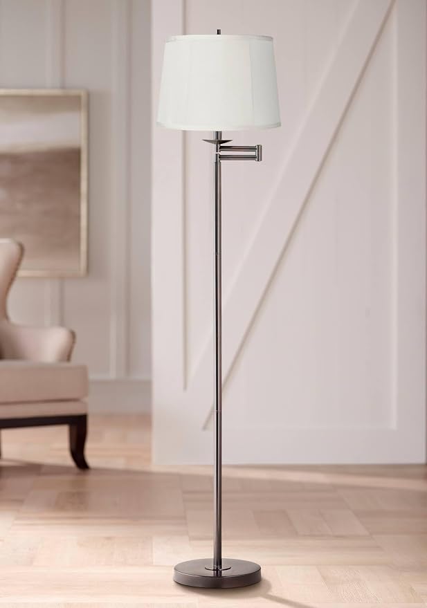 360 Lighting Modern Swing Arm Floor Lamp Standing 60 1/2" Tall Bronze Brown Adjustable Beige Fabric Drum Shade Top Bottom Trim Decor for Living Room Reading House Bedroom Office