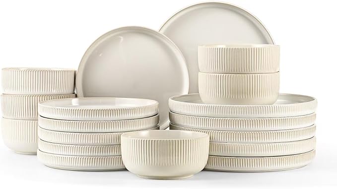 Frewinky Ceramic Dinnerware Sets for 6, Round Reactive Glaze Porcelain Plates and Bowls Sets, Scratch Resistant Modern Dishes Set, Dishwasher & Microwave Safe, Service for 6-White