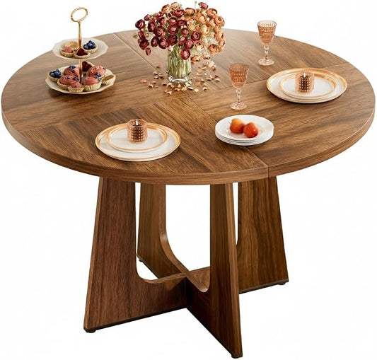 47" Round Dining Table for 4-6, Farmhouse Wood Kitchen Table, Mid-Century Wooden Circle Dinner Room Table Easy Assembly for Dining Room, Kitchen, Living Room (Brown)