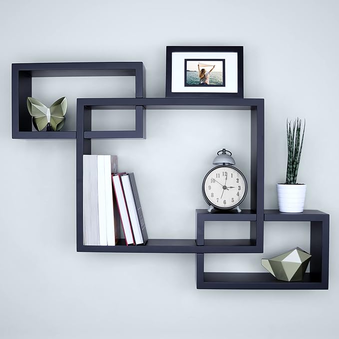 Ballucci Wooden Interweave Floating Wall Mounted Shelves, Horizontal and Vertical Display Storage Shelf for Living Room Bedroom Entryway Hallway Bathroom, 26" x 18", Black