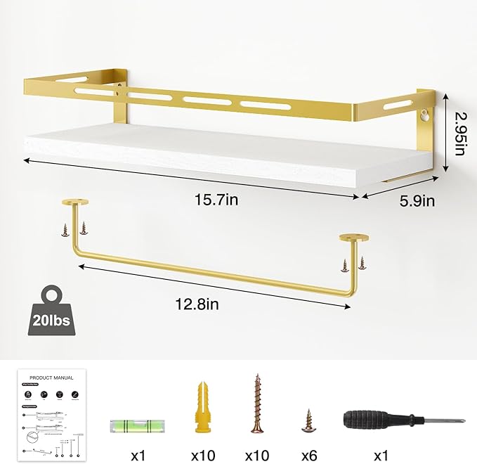 YGEOMER Floating Shelves for Bathroom Organizer Over Toilet, Wall Mounted Bathroom Shelves with Towel Bar, Wall Shelf for Bedroom Kitchen Living Room Storage (White-Gold)