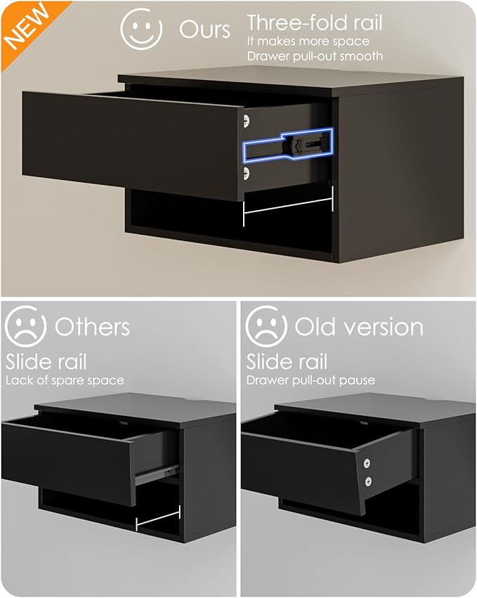Floating Nightstand, Small Modern Floating Nightstand with Drawer, Floating Shelves for Bedroom, Bathroom (Black)