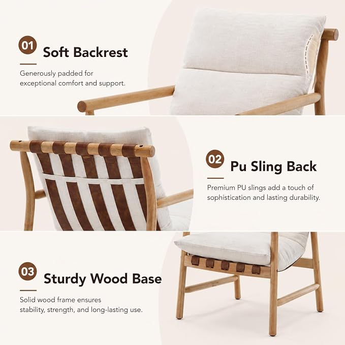 Linen Accent Chair Set of 2 Mid Century Modern Living Room Chairs Comfy Arm Chair with Solid Wood Frame Upholstered Lounge Reading Chair Cozy Recliner for Bedroom/Guest Room, Beige…