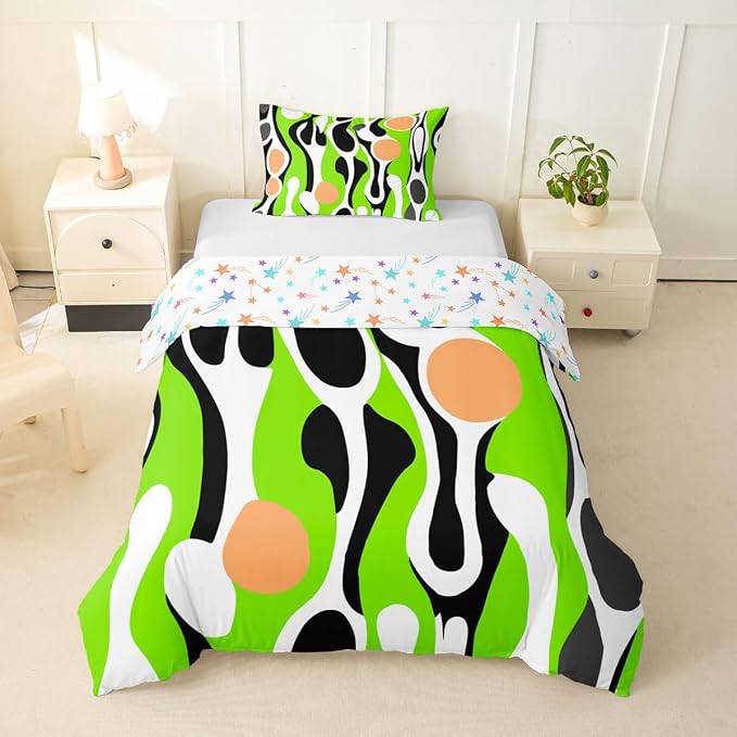 Organic Geometric Duvet Cover Set Modern Abstract Twin Bedding Sets for Girls Kids Teens Child Retro Mid Century Comforter Cover Modern Fluid Art Irregular Circles Bed Set,Lime Green Peach
