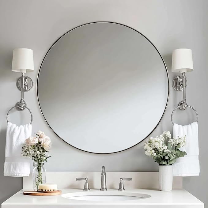 ANDY STAR 28" Brushed Nickel Bathroom Mirror, Round Brushed Nickel Vanity Mirror, Silver Circular Mirror in Stainless Steel Metal Frame for Wall Decor, Living Room, Powder Room