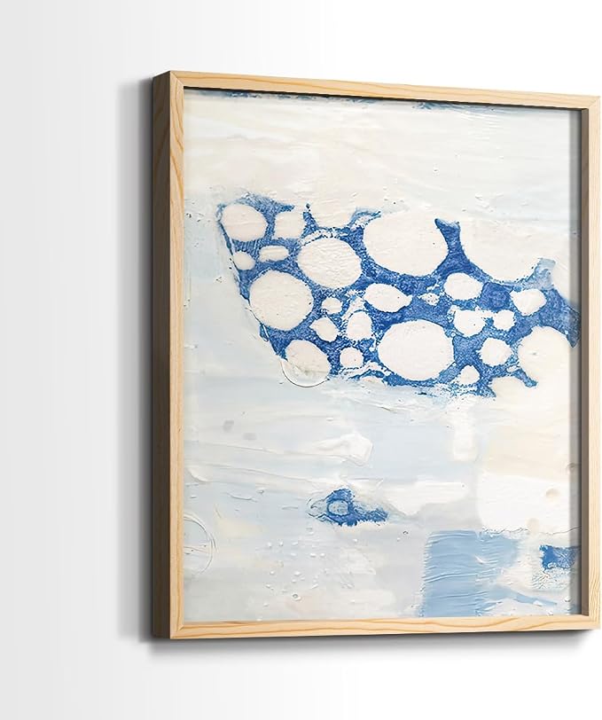 Renditions Gallery Set of 2 Peel & Stick Framed Prints, Textured Abstract Wall Art, White Blue Bubble Like Pattern Wall Decor, Re-Stickable - Ready to Hang - 16"x20" - NATURAL WOOD Frame LT588