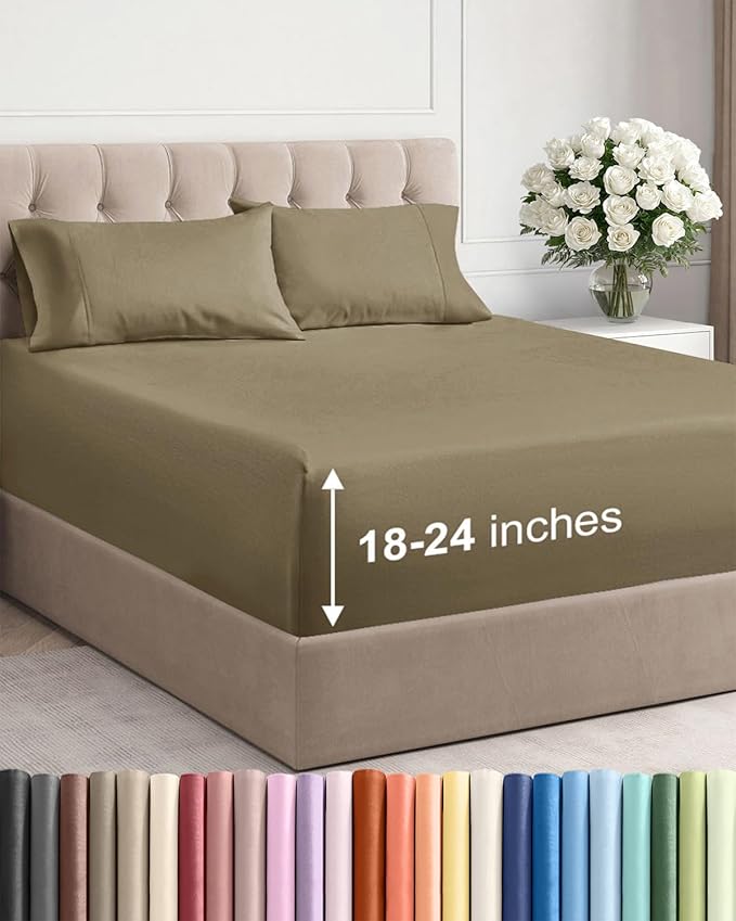 Extra Deep Twin Sheet Set - 4 Piece Breathable and Cooling Sheets - Hotel Luxury Bedding for Women, Men, Kids & Teens - Easy & Secure Fit - Soft, Wrinkle Free and Comfy - Extra Deep Pockets - Khaki