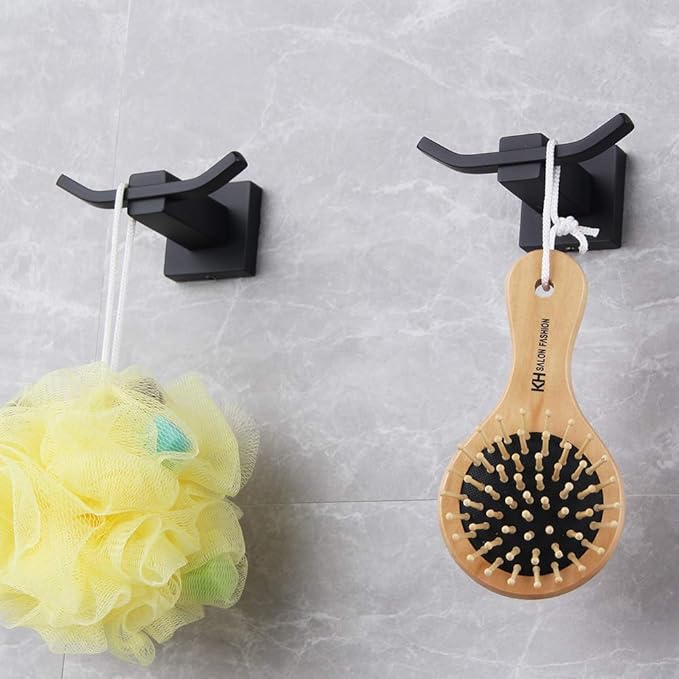 GERZWY Bathroom Matte Black Coat Hook SUS 304 Stainless Steel Double Towel/Robe Clothes Hook for Bath Kitchen Contemporary Hotel Style Wall Mounted 2 Pack EG1508-BK