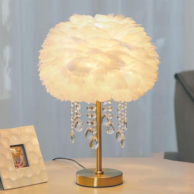 Fandian Feather Table Lamp White with LED Bulb Plug in Feather Night Lights Bedside Lamps for Mother Girlfriend Home Girl Room Wedding Decoration