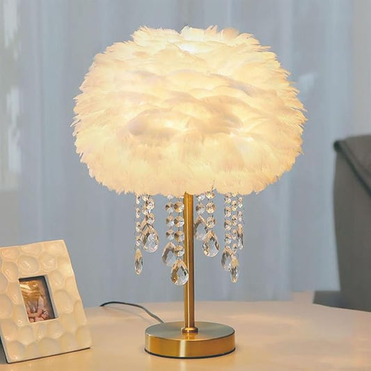 Fandian Feather Table Lamp White with LED Bulb Plug in Feather Night Lights Bedside Lamps for Mother Girlfriend Home Girl Room Wedding Decoration