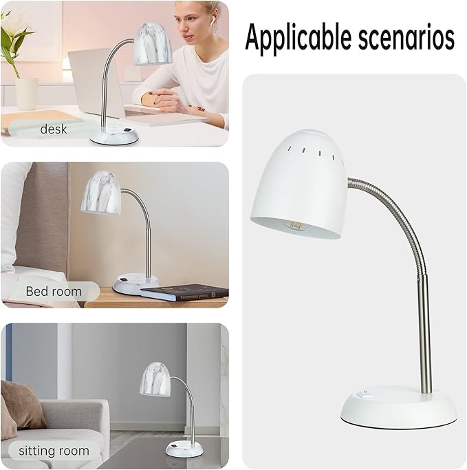 Eye-Caring Table Lamp of Simple Designs Home E26 Led Screw Basic Metal Desk Lamp with Flexible Gooseneck Hose Neck Study Lamp for Bedroom Office Living Room Convenient On/Off Switch(White)