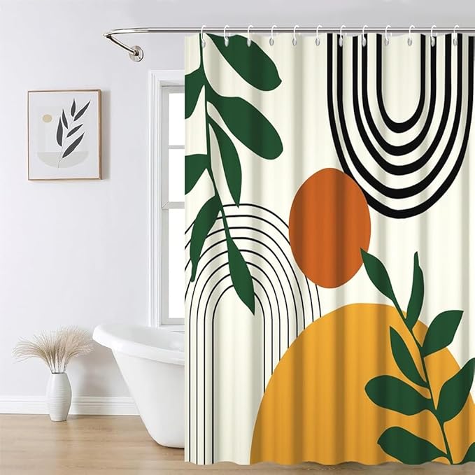 72x72 Inch Boho Mid Century Shower Curtains for Bathroom Abstract Minimalist Bathroom Set Decor Stripes Palm Leaves Chic Aesthetic Bathtub Curtains Washable Waterproof Polyester Fabric with Hooks