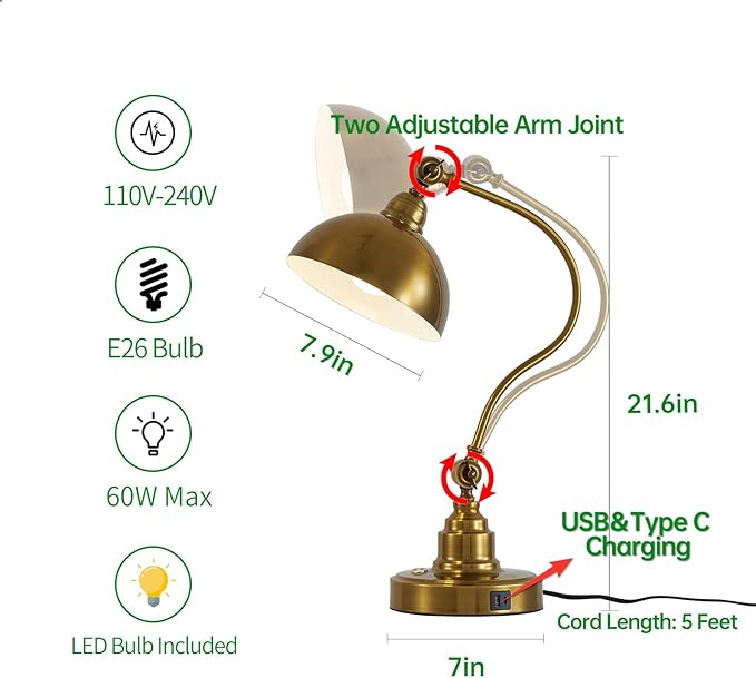 Antique Gold Vintage Desk Lamp Decorative Table Lamp for Home Office Living Room Bedroom Desk Light, Rustic Industrial Farmhouse Antique Library Study Desk Lamp E26 LED Bulb Included