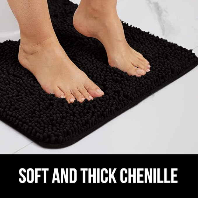 GORILLA GRIP Bath Rug Mat 30x20, Thick Soft Absorbent Chenille, Quick Dry Microfiber Mats, Rubber Backing Washable Shower Floor Rugs, US Designed Bathroom Bathmat Home Decor Accessories, Black