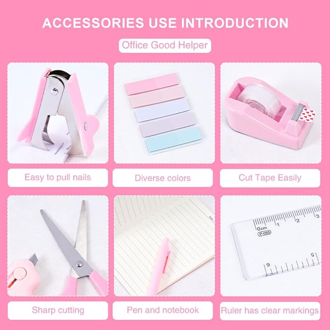 Pink Desk Organizers and Accessories with Desk Organizer 360° Rotating Pen Holder and Office Supplies, 19Pcs Cute Stationery Supplies Set