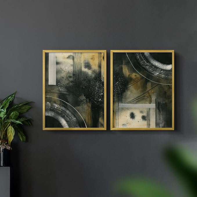 Renditions Gallery Set of 2 Peel & Stick Framed Prints, Moody Abstract Wall Art, Circular and Splattered Effects Wall Decor, Re-Stickable - Ready to Hang - 11"x14" - GOLD Frame LT588