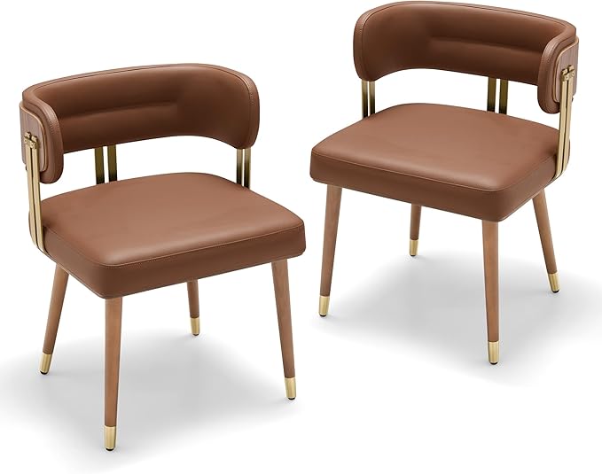 Modern Upholstered Leather Dining Chairs Set of 2 with High-Resilience Foam Cushion, Walnut Wood Veneer&Gold Metal Legs, 22Lx20.5Wx28.3Hin, Anti-Slip Kitchen Chairs for Dining Room,Tan