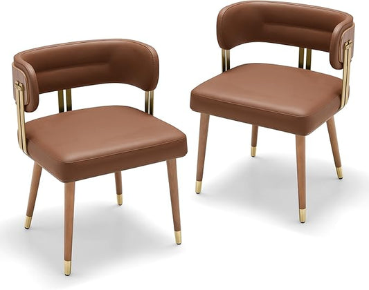 Modern Upholstered Leather Dining Chairs Set of 2 with High-Resilience Foam Cushion, Walnut Wood Veneer&Gold Metal Legs, 22Lx20.5Wx28.3Hin, Anti-Slip Kitchen Chairs for Dining Room,Tan