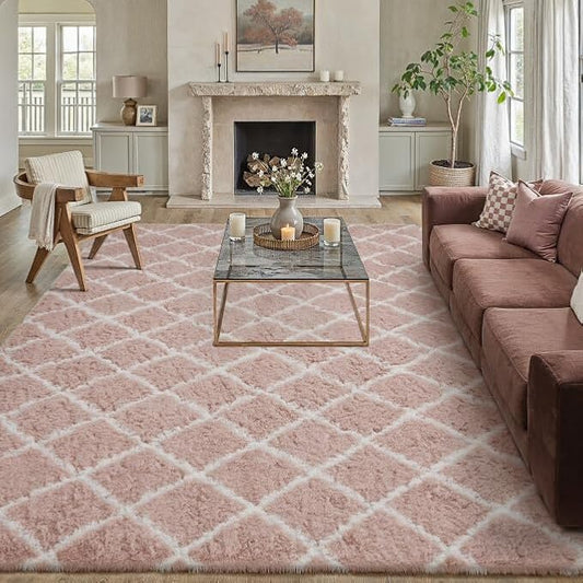 6x9 Checkered Rug for Living Room Pink and White Modern Soft Area Rug Fluffy Non-Slip Carpet for Bedroom Playroom Home Aesthetic Decor