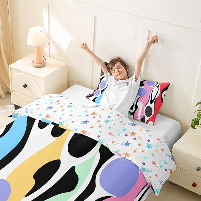Erosebridal Organic Abstract Duvet Cover Set Modern Contemporary Twin Bedding Sets for Girls Child Boys Boho Mid Century Wavy Lines Comforter Cover Retro Geometric Bed Set,Rainbow Purple