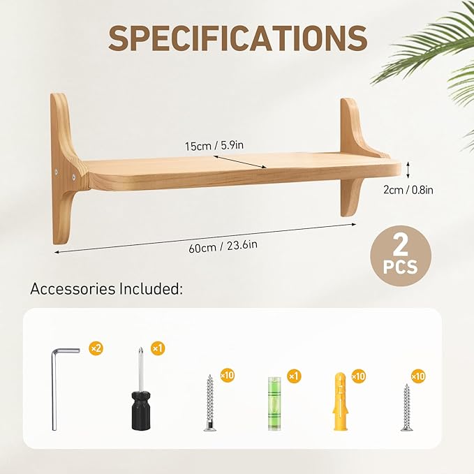 Wooden Floating Shelves for Wall, 23.6" W x 6" D x 0.8" H Large Wall Shelves, Hanging Storage Shelf with Sturdy Brackets for Living Room, Kitchen, Bathroom, Bedroom Decor, Natural, 2 Packs