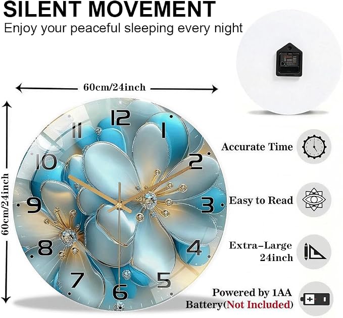24 Inch Blue Floral Glass Wall Clock Silent Modern Art Decor | Silent glossy wall clock with 3D blue florals and jewel accents, elegantly tracking time for your living room or bedroom