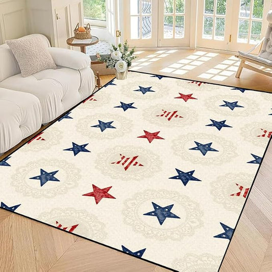 Star Area Rug 4'x6' Vintage Red Blue White Carpet Washable Low Pile Floor Mat Rugs for Bedroom Living Room Nursery Playroom Classroom Home Decor